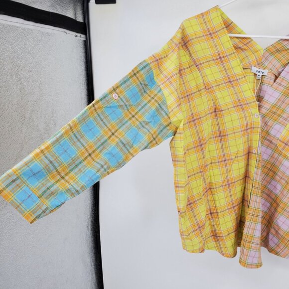NWT Fate Women's Multicolor Button Front V Neck Plaid Long Sleeve Shirt Medium - Picture 7 of 11